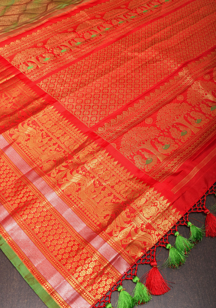 Exquisite Pure Gadwal Silk Saree in Henna Green dual tone  brocade with Contrast Red border and meenakari pallu| SILK MARK CERTIFIED