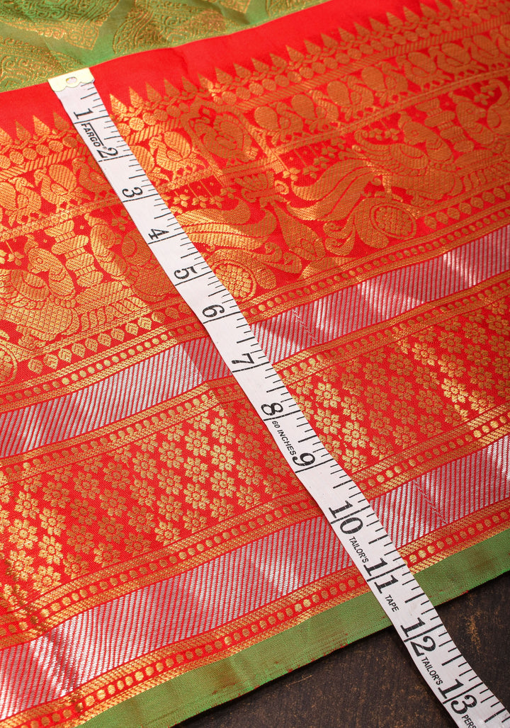 Exquisite Pure Gadwal Silk Saree in Henna Green dual tone  brocade with Contrast Red border and meenakari pallu| SILK MARK CERTIFIED