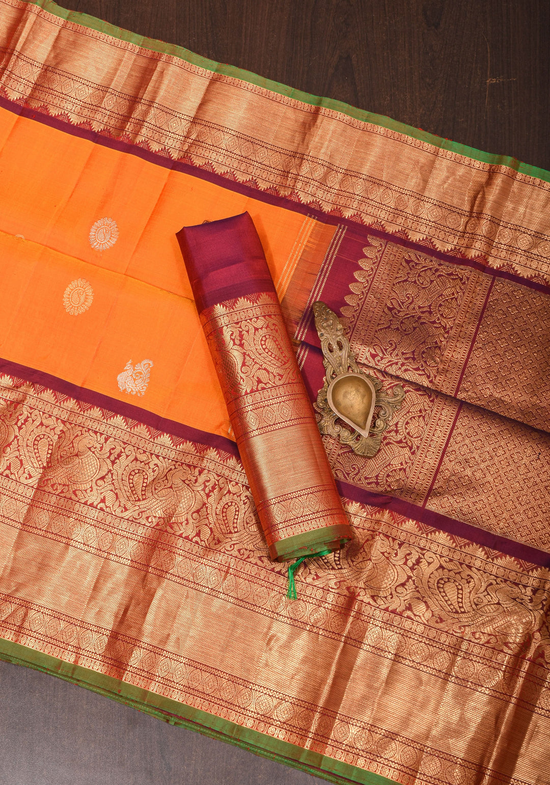 Orange Gadwal Silk Saree with zari buttas with wide 10.5' Zari Border | SILK MARK CERTIFIED