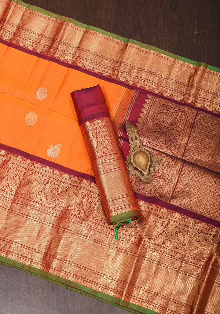 Orange Gadwal Silk Saree with zari buttas with wide 10.5' Zari Border | SILK MARK CERTIFIED