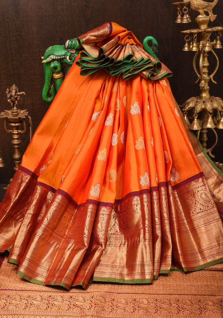 Orange Gadwal Silk Saree with zari buttas with wide 10.5' Zari Border | SILK MARK CERTIFIED