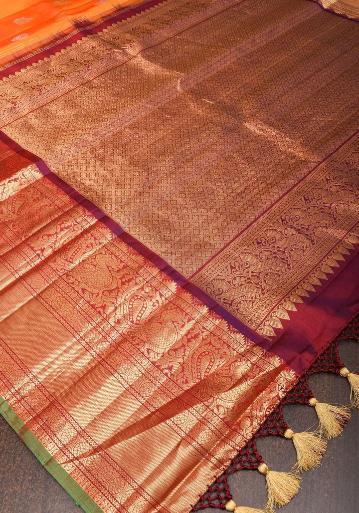 Orange Gadwal Silk Saree with zari buttas with wide 10.5' Zari Border | SILK MARK CERTIFIED
