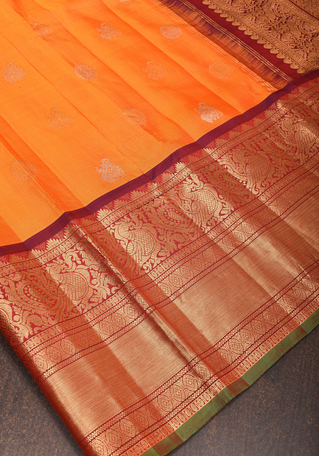 Orange Gadwal Silk Saree with zari buttas with wide 10.5' Zari Border | SILK MARK CERTIFIED