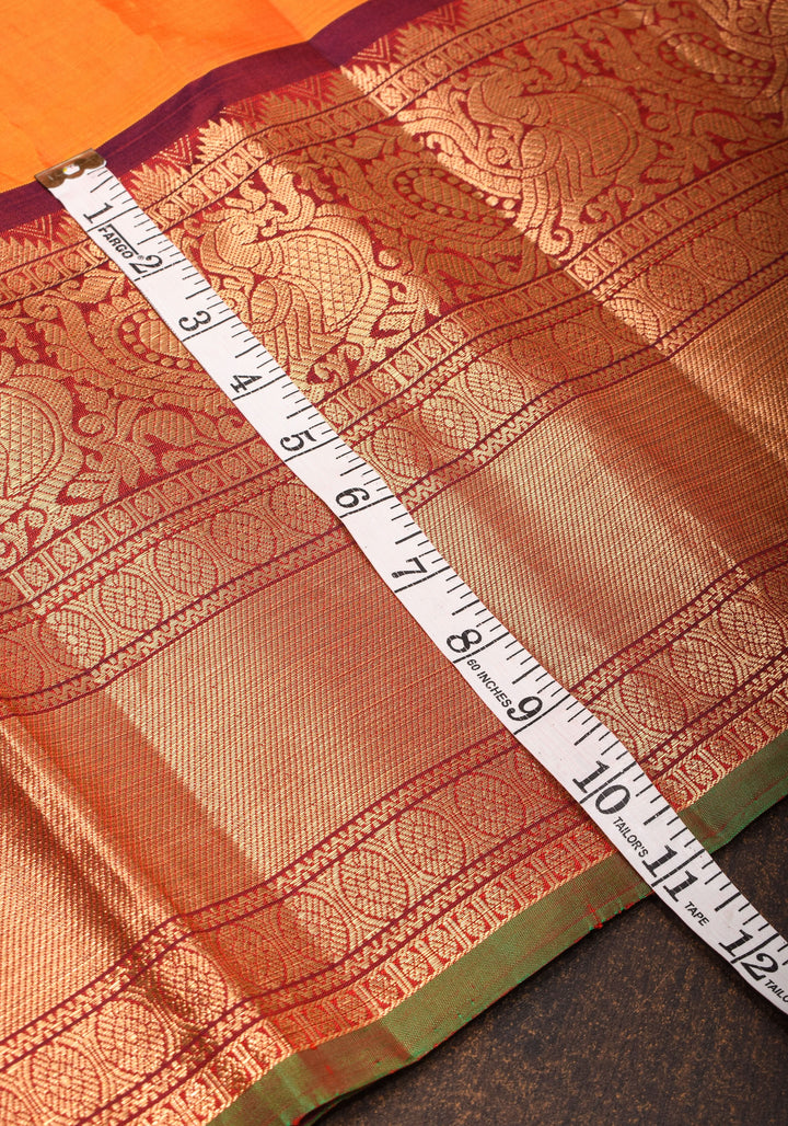Orange Gadwal Silk Saree with zari buttas with wide 10.5' Zari Border | SILK MARK CERTIFIED