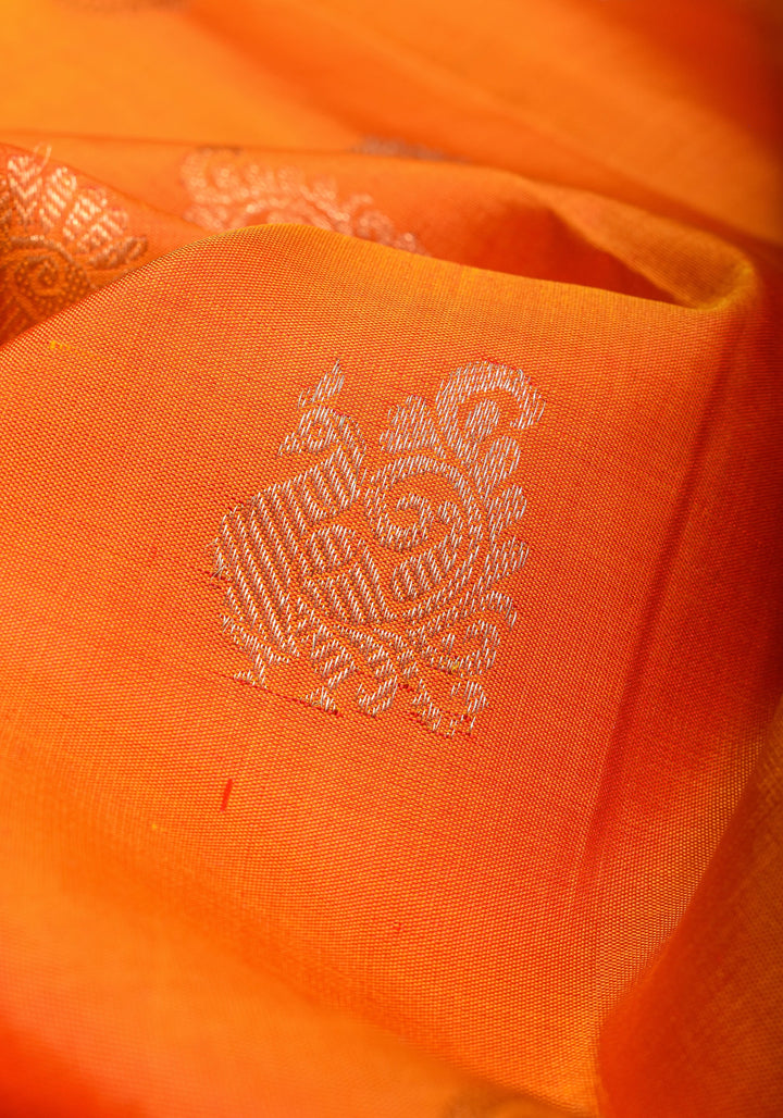 Orange Gadwal Silk Saree with zari buttas with wide 10.5' Zari Border | SILK MARK CERTIFIED