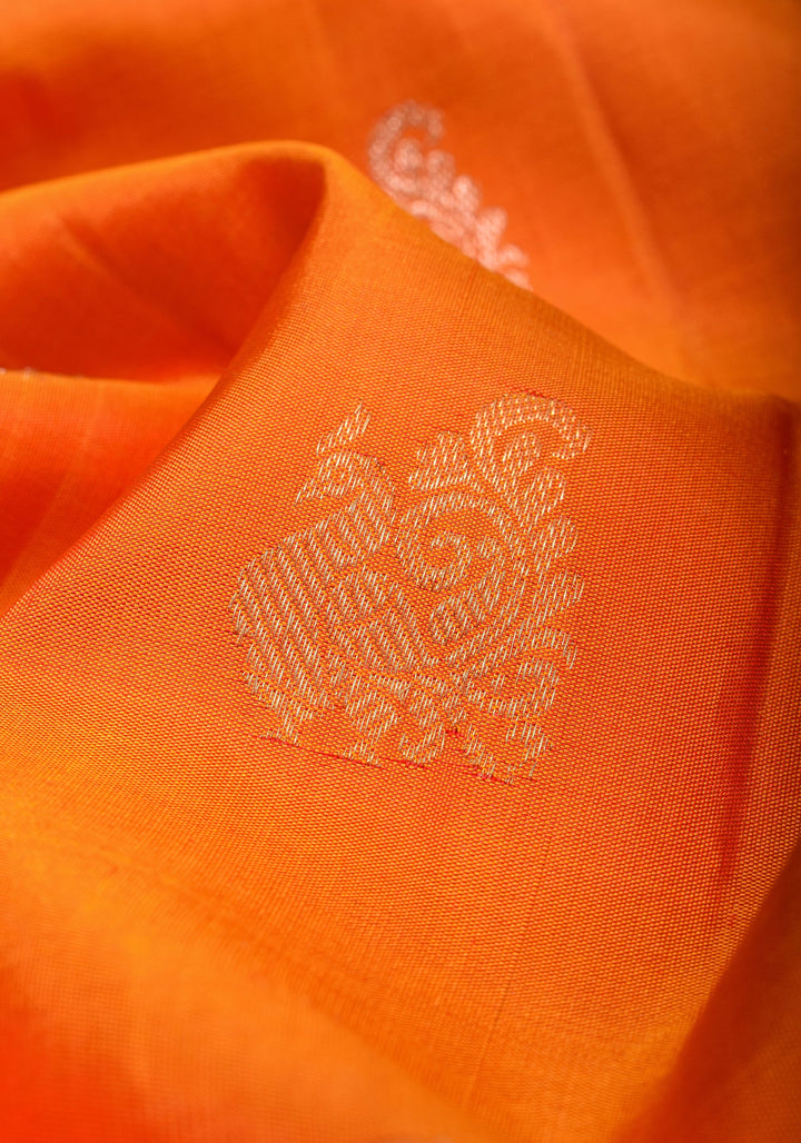 Orange Gadwal Silk Saree with zari buttas with wide 10.5' Zari Border | SILK MARK CERTIFIED