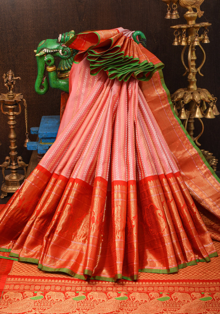 Frost Rose Gadwal Silk Saree with Ornate Zari Lines and Red with 12" Wide Border | SILK MARK CERTIFIED