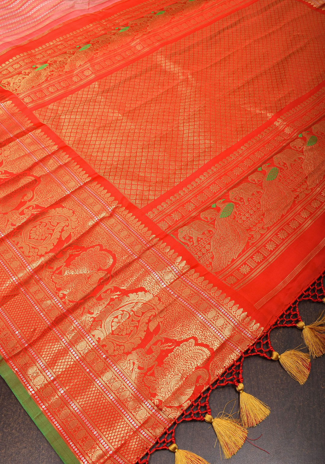 Frost Rose Gadwal Silk Saree with Ornate Zari Lines and Red with 12" Wide Border | SILK MARK CERTIFIED