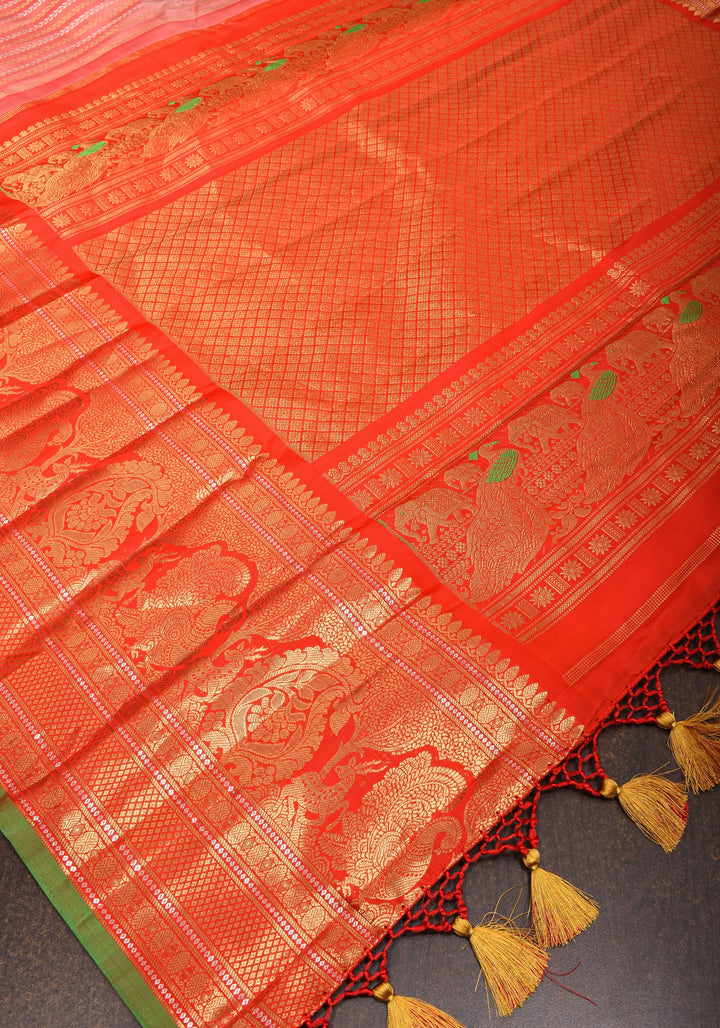 Frost Rose Gadwal Silk Saree with Ornate Zari Lines and Red with 12" Wide Border | SILK MARK CERTIFIED