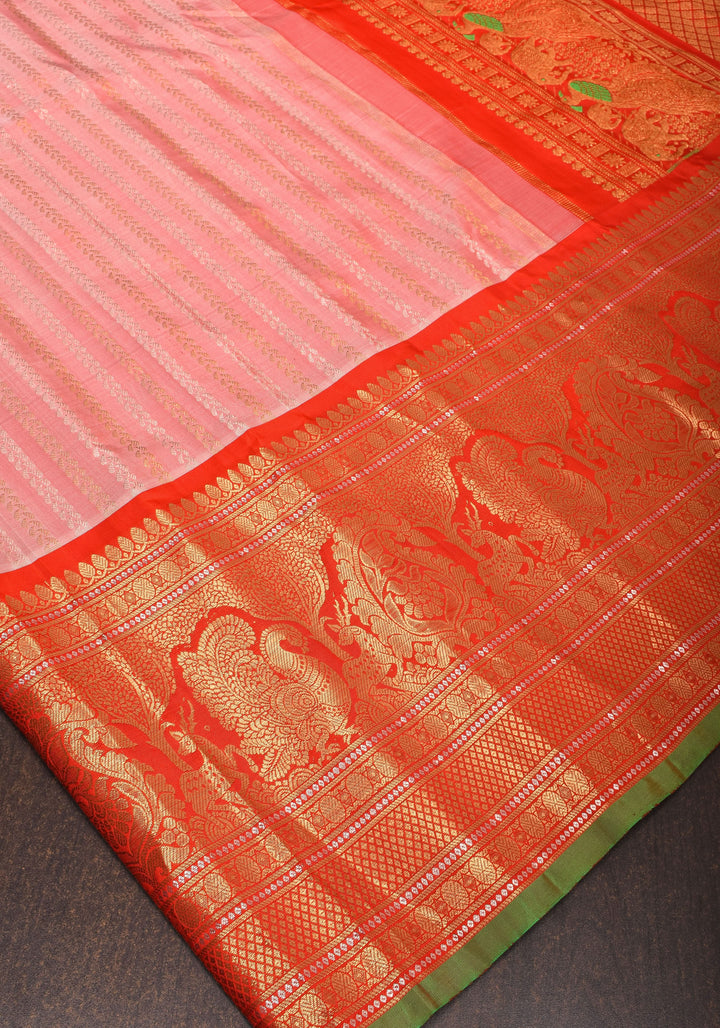 Frost Rose Gadwal Silk Saree with Ornate Zari Lines and Red with 12" Wide Border | SILK MARK CERTIFIED