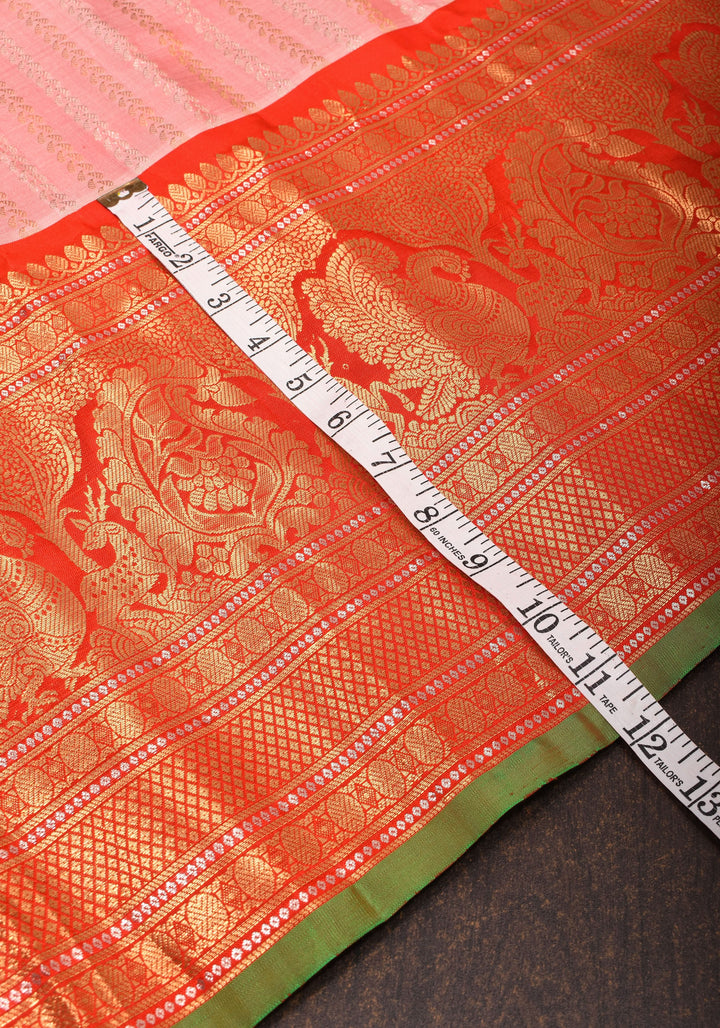 Frost Rose Gadwal Silk Saree with Ornate Zari Lines and Red with 12" Wide Border | SILK MARK CERTIFIED