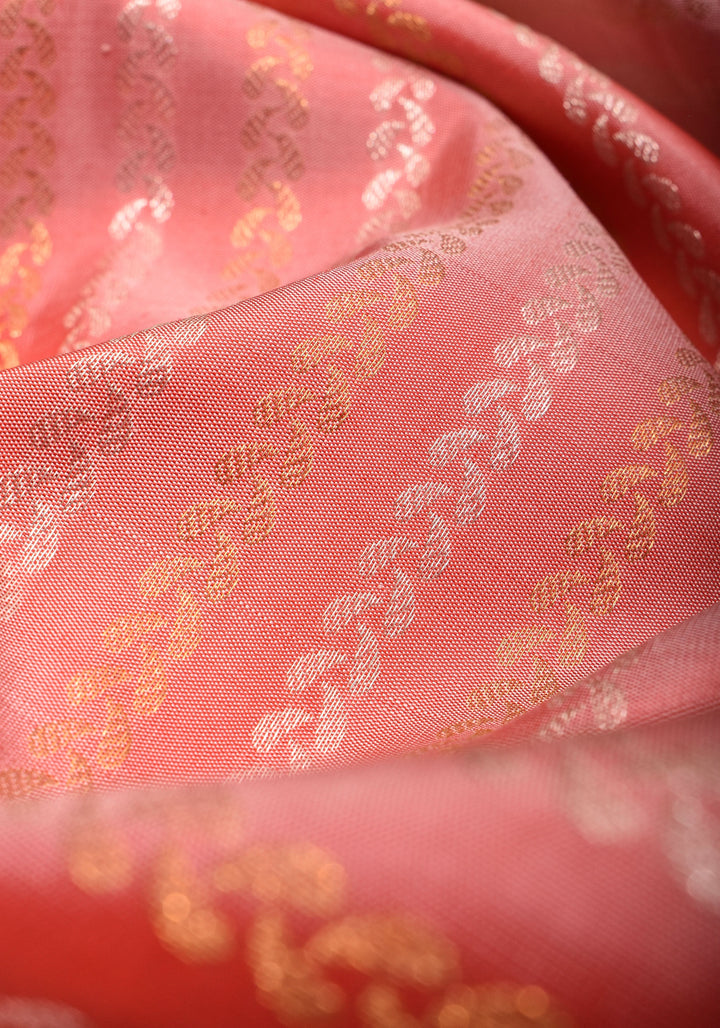 Frost Rose Gadwal Silk Saree with Ornate Zari Lines and Red with 12" Wide Border | SILK MARK CERTIFIED