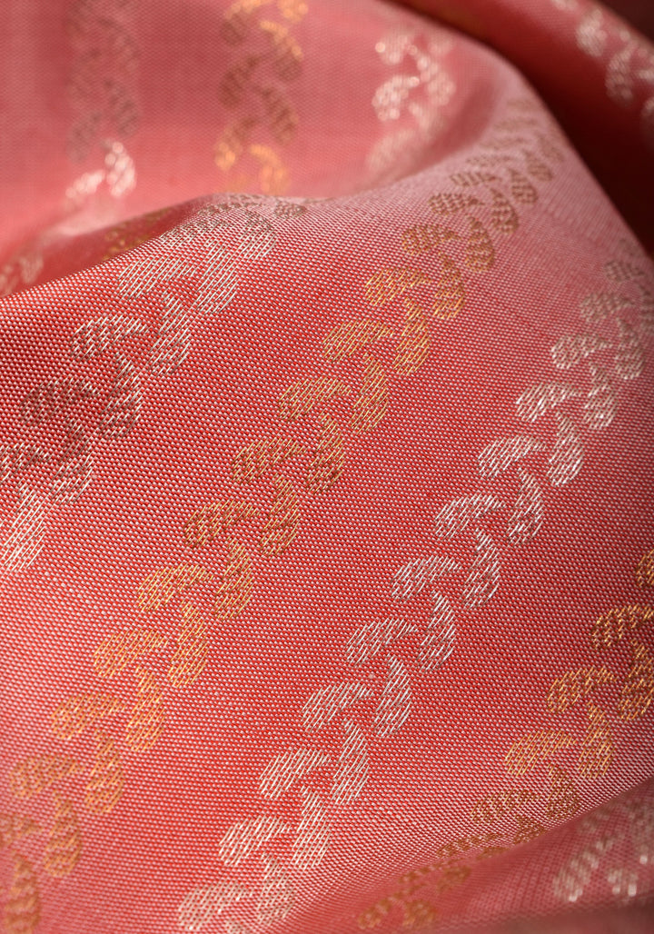 Frost Rose Gadwal Silk Saree with Ornate Zari Lines and Red with 12" Wide Border | SILK MARK CERTIFIED