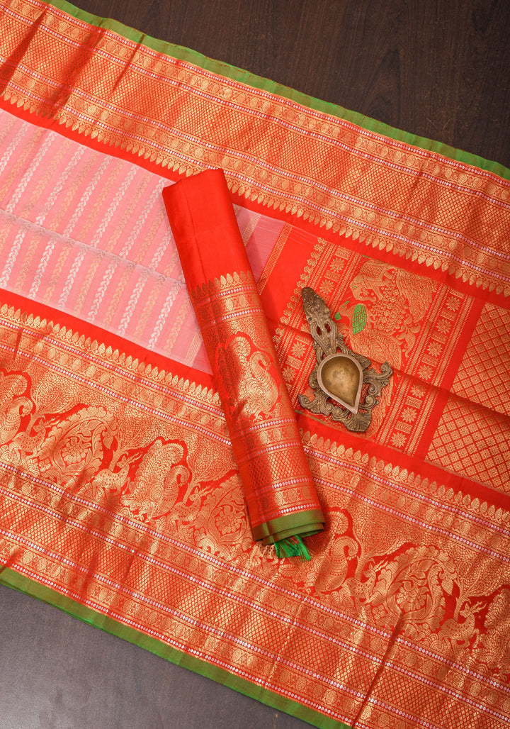 Frost Rose Gadwal Silk Saree with Ornate Zari Lines and Red with 12" Wide Border | SILK MARK CERTIFIED