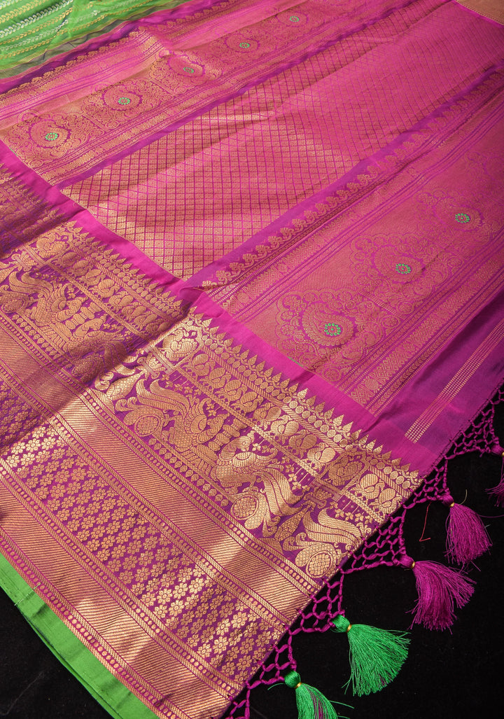 Pure Gadwal Silk Saree in Grass Green with Ornate Zari Stripes in two tone Zari with 12' zari border | SILK MARK CERTIFIED
