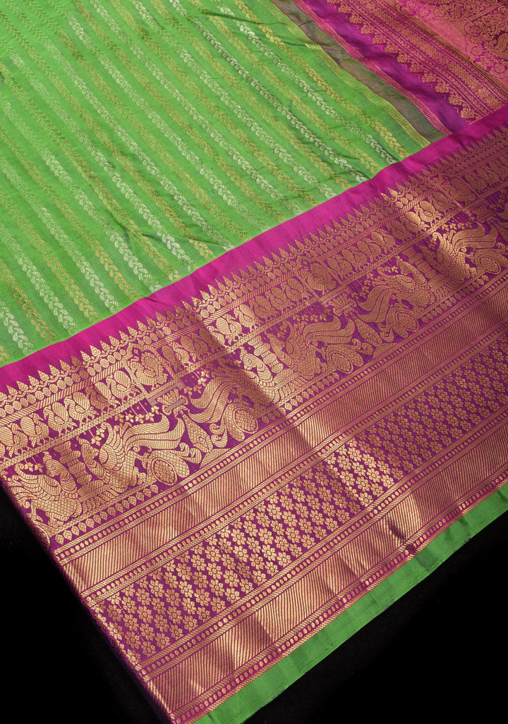 Pure Gadwal Silk Saree in Grass Green with Ornate Zari Stripes in two tone Zari with 12' zari border | SILK MARK CERTIFIED