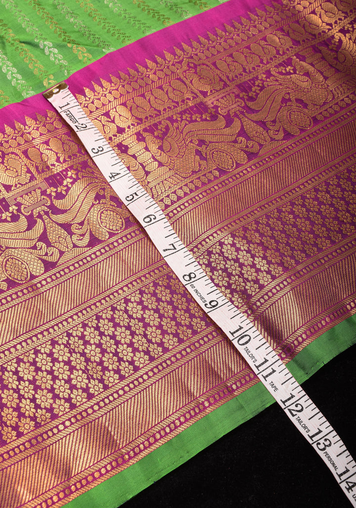 Pure Gadwal Silk Saree in Grass Green with Ornate Zari Stripes in two tone Zari with 12' zari border | SILK MARK CERTIFIED