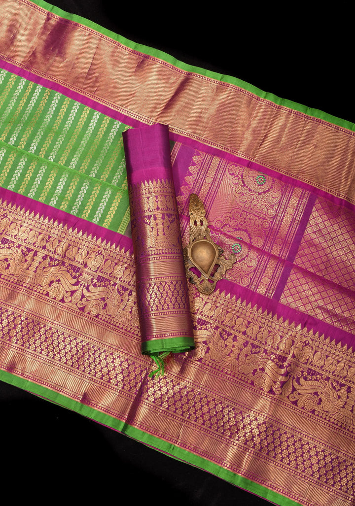Pure Gadwal Silk Saree in Grass Green with Ornate Zari Stripes in two tone Zari with 12' zari border | SILK MARK CERTIFIED