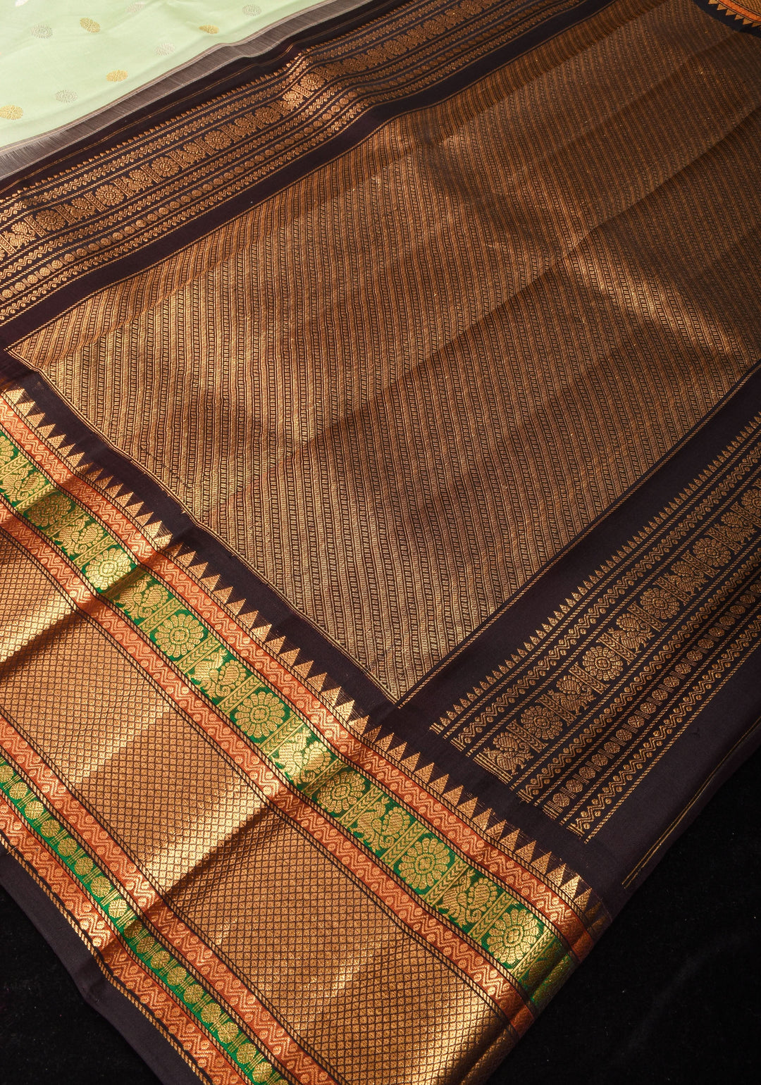 Tea Green Exquisite Korvai weave Gadwal Pure Silk Saree with zari buttas and Tri-tone Zari border| SILK MARK CERTIFIED