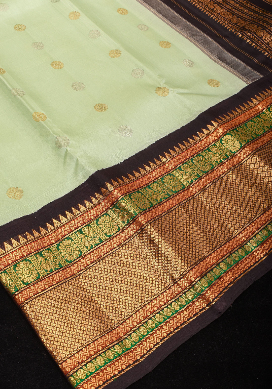 Tea Green Exquisite Korvai weave Gadwal Pure Silk Saree with zari buttas and Tri-tone Zari border| SILK MARK CERTIFIED