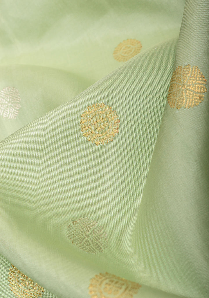 Tea Green Exquisite Korvai weave Gadwal Pure Silk Saree with zari buttas and Tri-tone Zari border| SILK MARK CERTIFIED