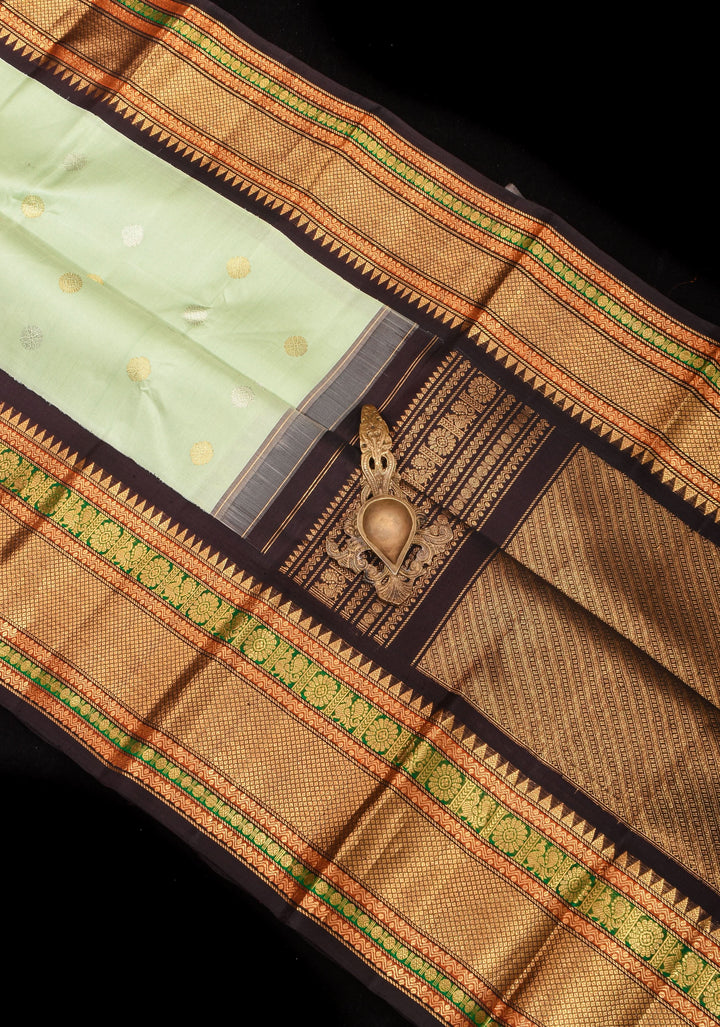 Tea Green Exquisite Korvai weave Gadwal Pure Silk Saree with zari buttas and Tri-tone Zari border| SILK MARK CERTIFIED