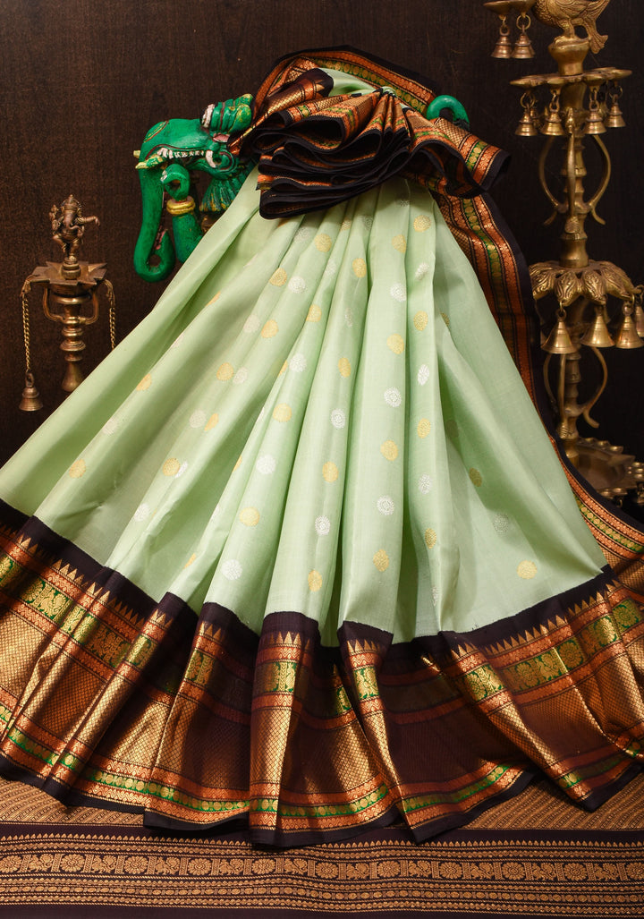 Tea Green Exquisite Korvai weave Gadwal Pure Silk Saree with zari buttas and Tri-tone Zari border| SILK MARK CERTIFIED