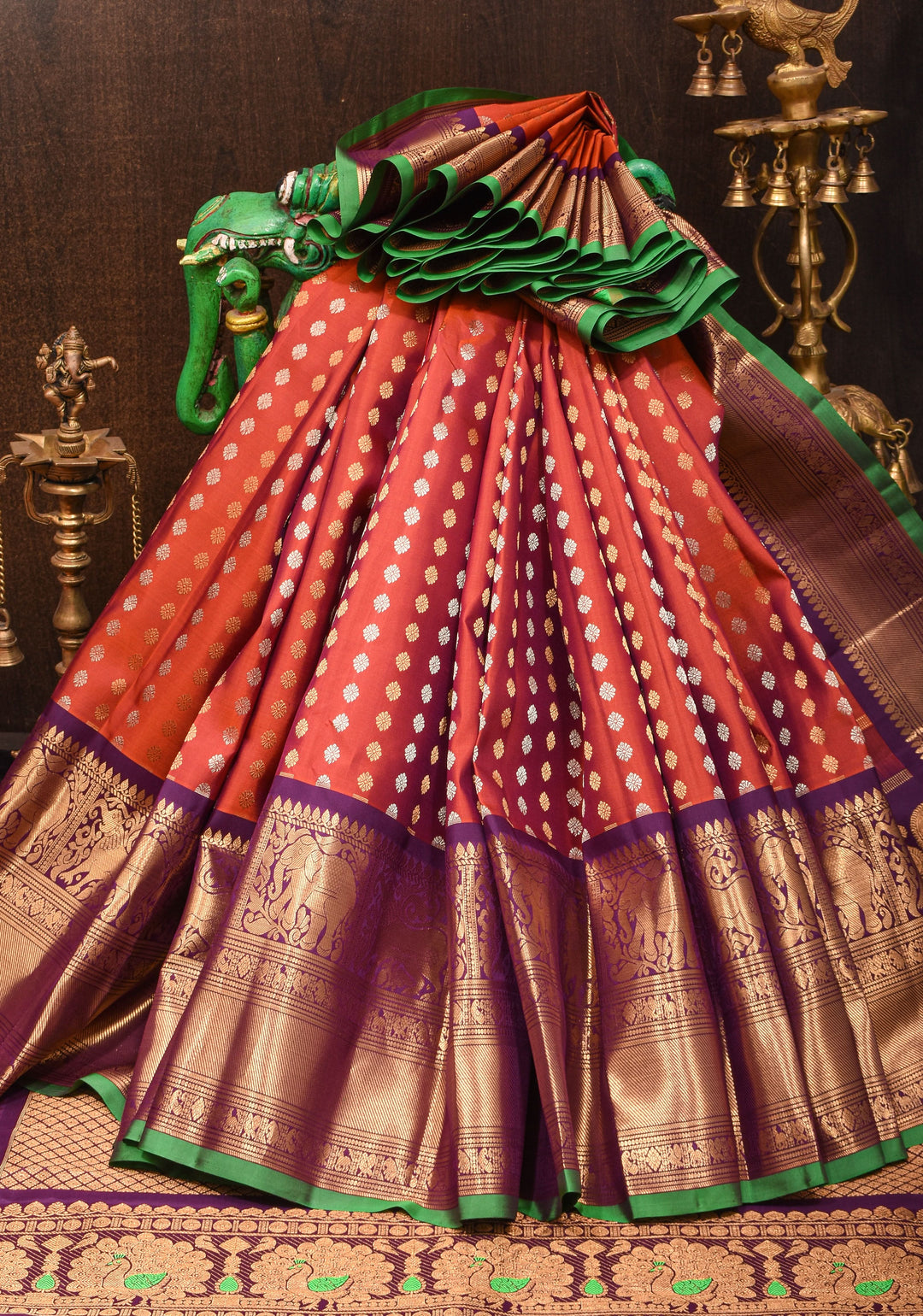 Rust Pure Gadwal Silk Saree with zari buttas and Wide Zari Border | SILK MARK CERTIFIED