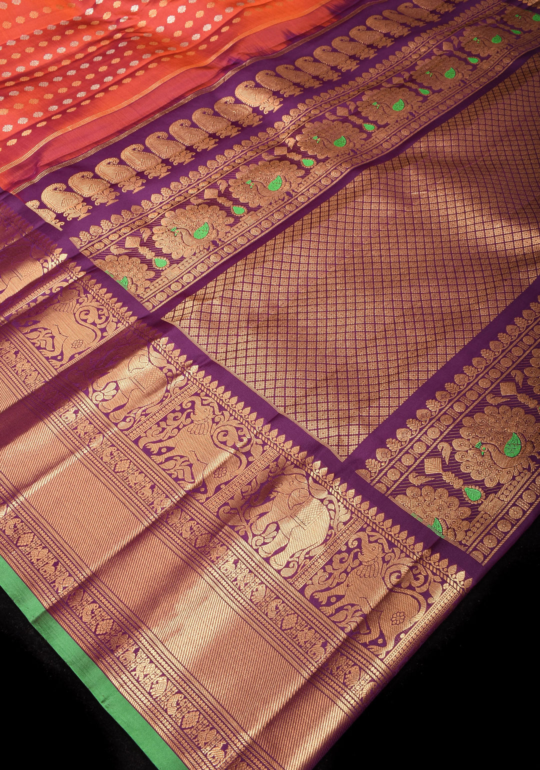 Rust Pure Gadwal Silk Saree with zari buttas and Wide Zari Border | SILK MARK CERTIFIED