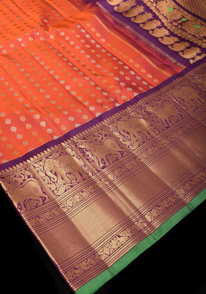 Rust Pure Gadwal Silk Saree with zari buttas and Wide Zari Border | SILK MARK CERTIFIED