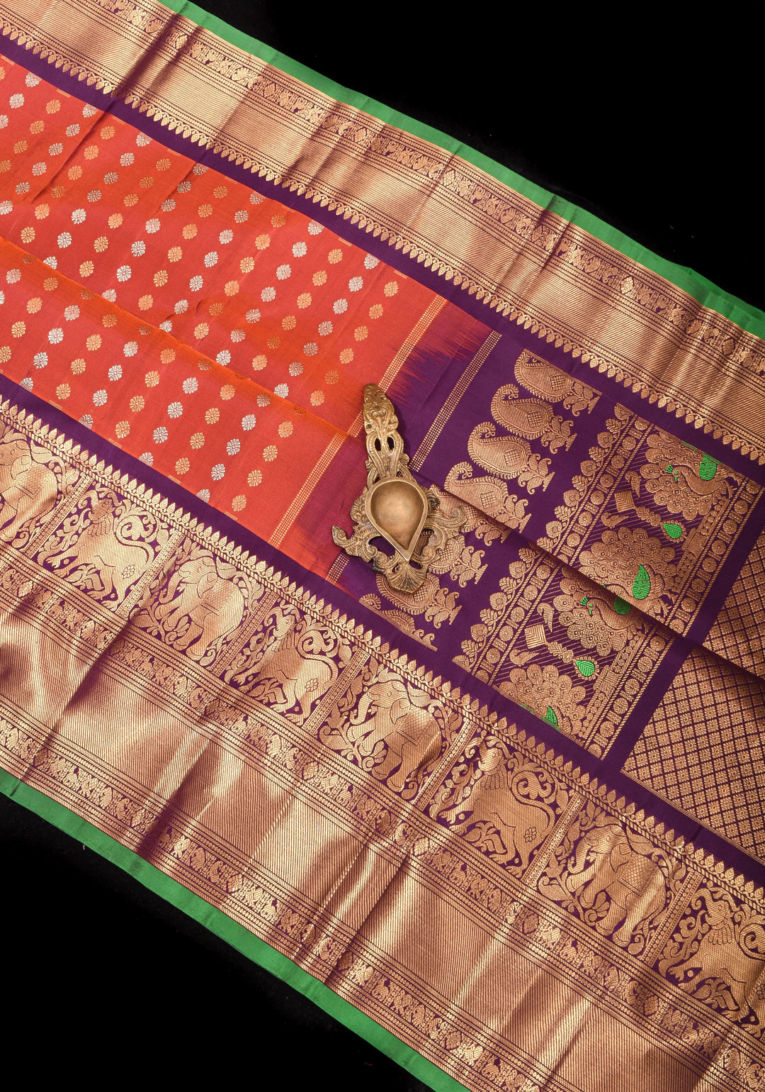 Rust Pure Gadwal Silk Saree with zari buttas and Wide Zari Border | SILK MARK CERTIFIED