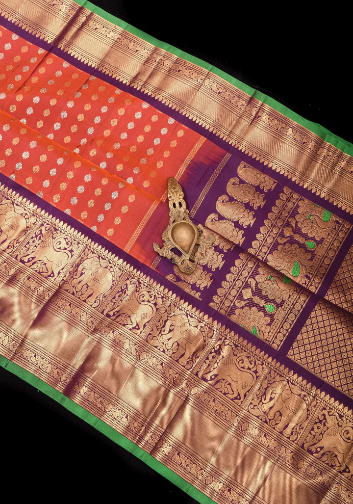 Rust Pure Gadwal Silk Saree with zari buttas and Wide Zari Border | SILK MARK CERTIFIED