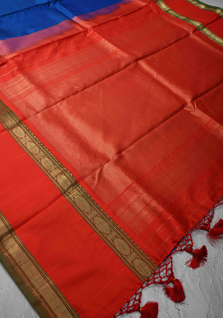 Gadwal Silk Saree with Blue & Green Stripes and Rettaipet Zari Border | SILK MARK CERTIFIED