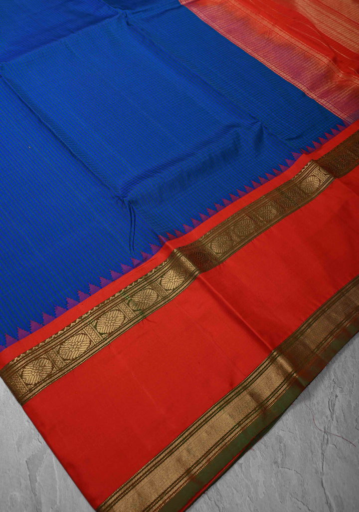 Gadwal Silk Saree with Blue & Green Stripes and Rettaipet Zari Border | SILK MARK CERTIFIED