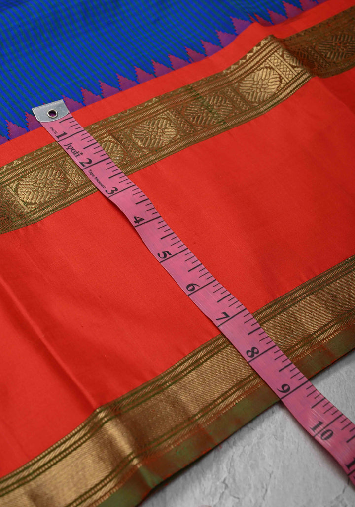 Gadwal Silk Saree with Blue & Green Stripes and Rettaipet Zari Border | SILK MARK CERTIFIED
