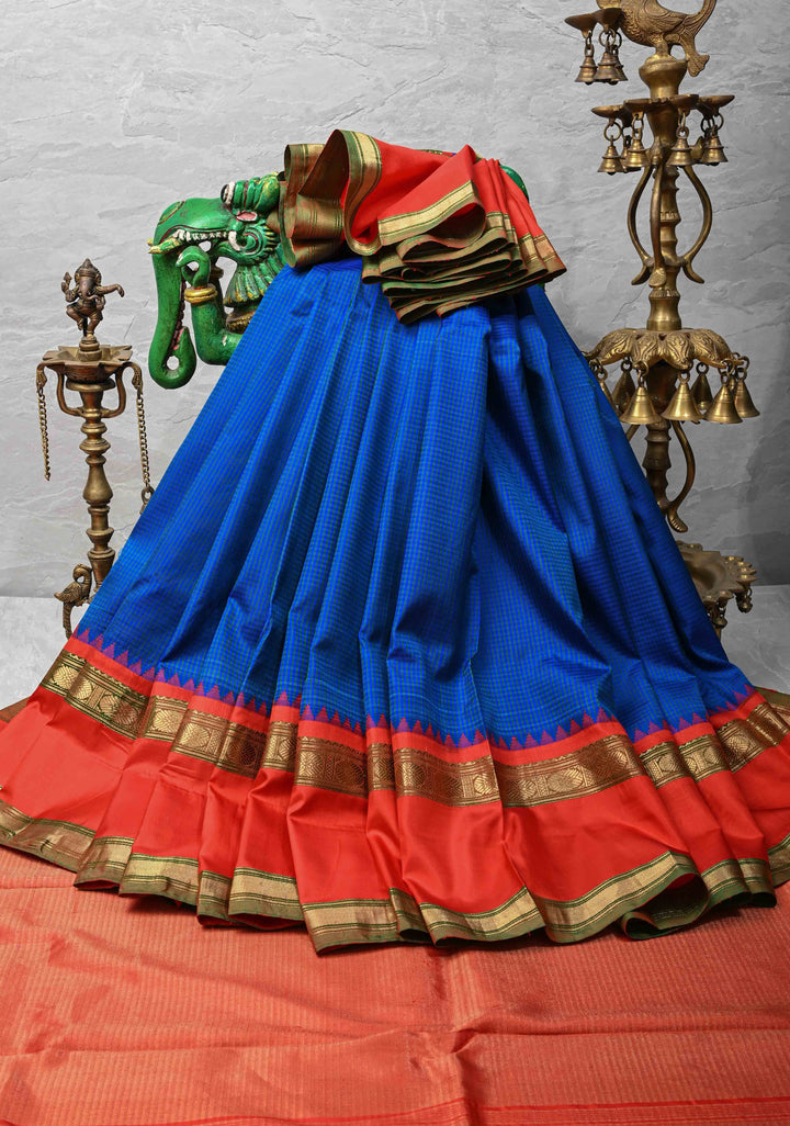 Gadwal Silk Saree with Blue & Green Stripes and Rettaipet Zari Border | SILK MARK CERTIFIED