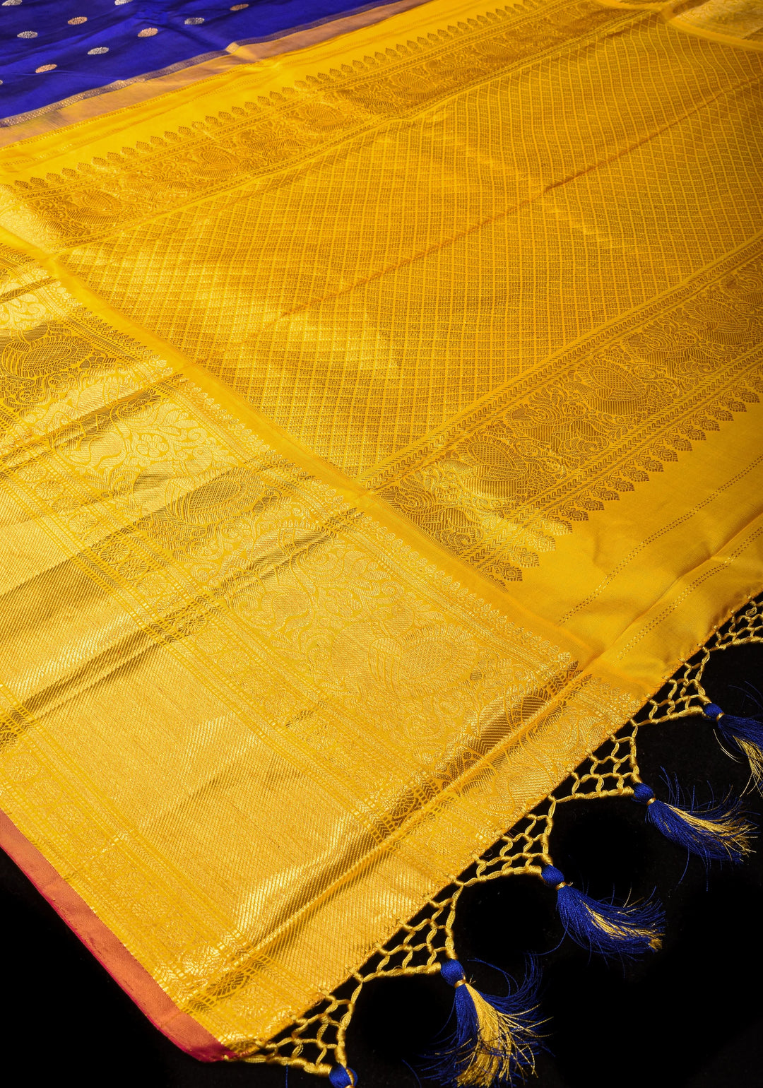 Grand Royal Blue Korvai  Gadwal Silk Saree with Zari buttas and Contrast 10.5" Yellow Zari Border  | SILK MARK CERTIFIED | SHOBITAM