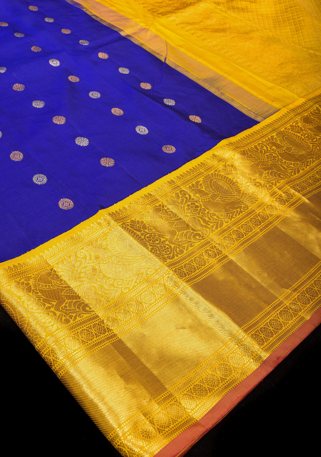 Grand Royal Blue Korvai  Gadwal Silk Saree with Zari buttas and Contrast 10.5" Yellow Zari Border  | SILK MARK CERTIFIED | SHOBITAM