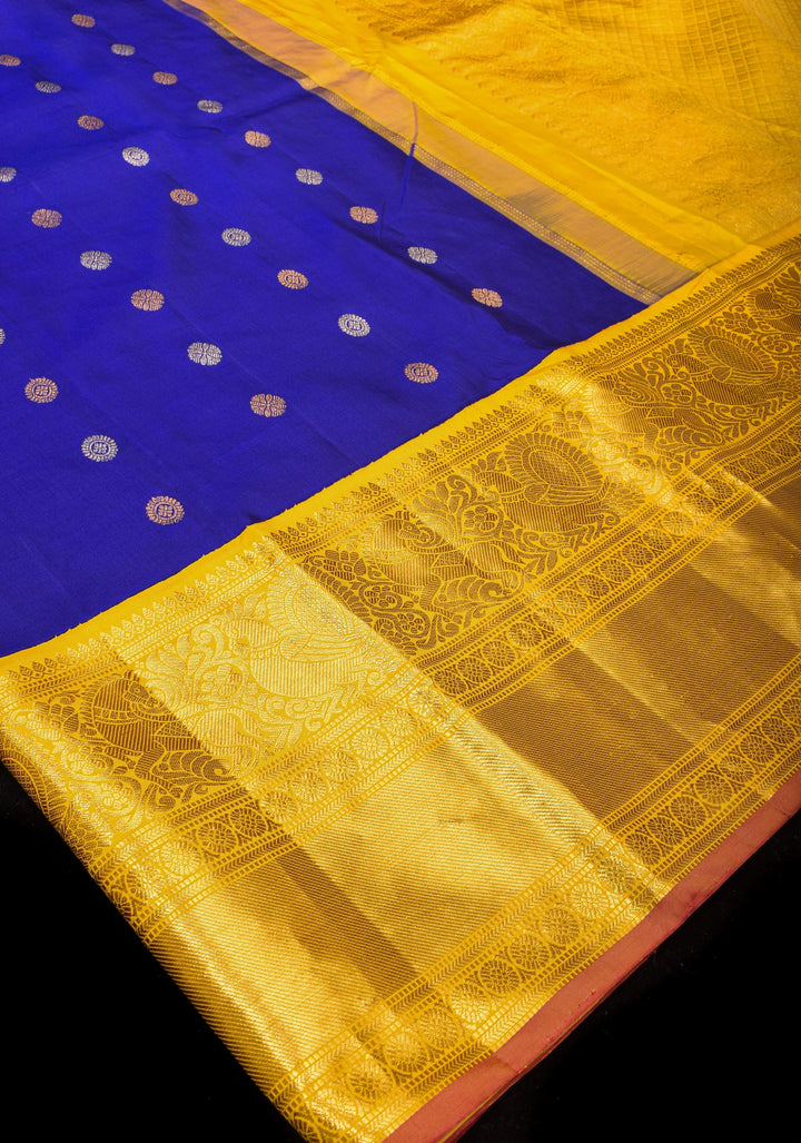 Grand Royal Blue Korvai  Gadwal Silk Saree with Zari buttas and Contrast 10.5" Yellow Zari Border  | SILK MARK CERTIFIED | SHOBITAM