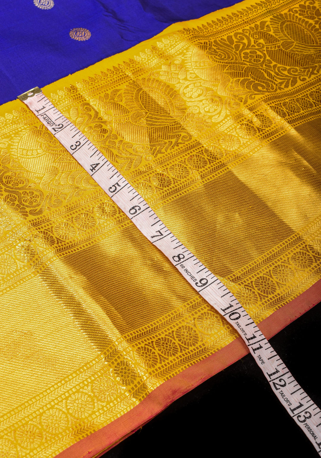 Grand Royal Blue Korvai  Gadwal Silk Saree with Zari buttas and Contrast 10.5" Yellow Zari Border  | SILK MARK CERTIFIED | SHOBITAM