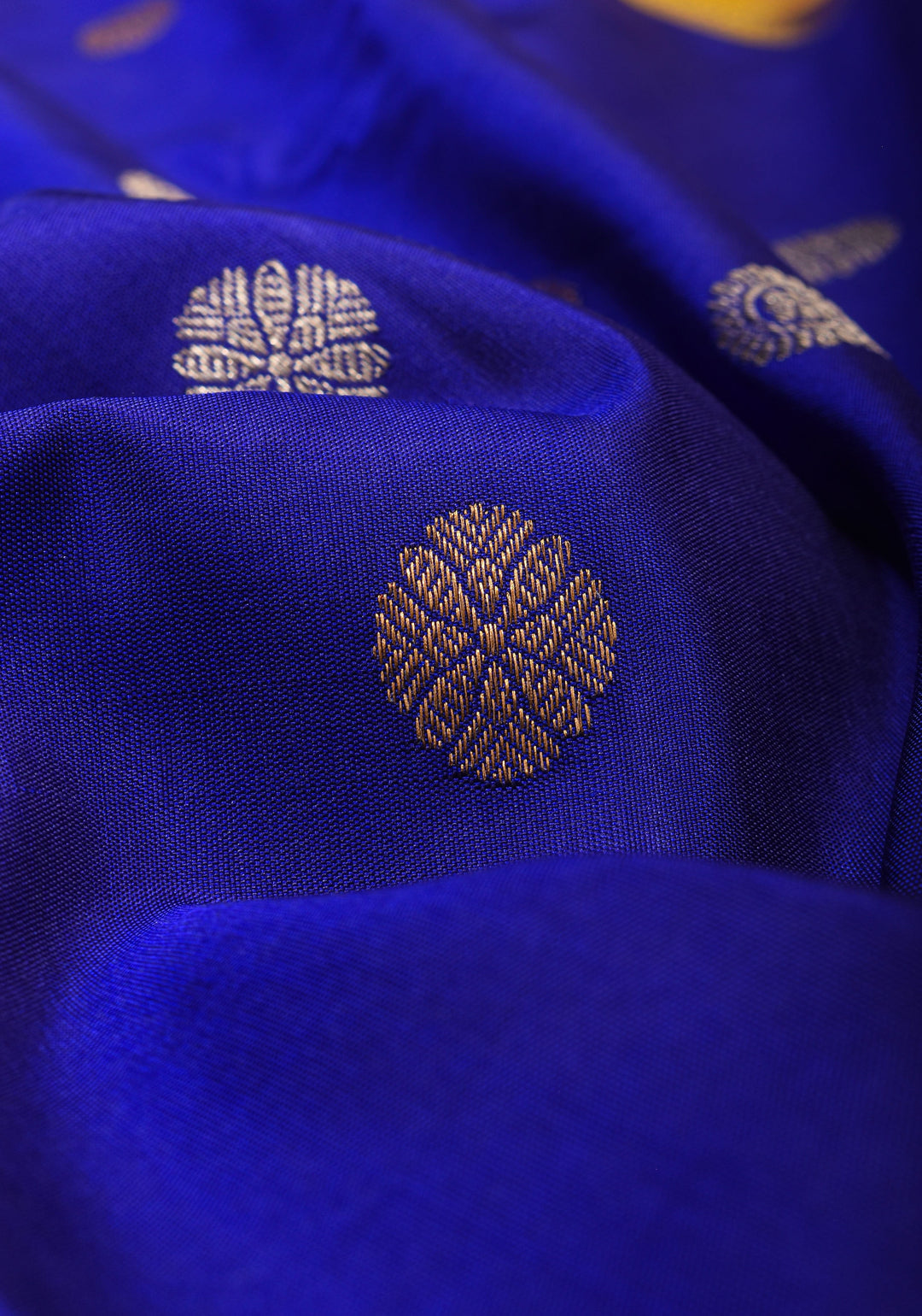 Grand Royal Blue Korvai  Gadwal Silk Saree with Zari buttas and Contrast 10.5" Yellow Zari Border  | SILK MARK CERTIFIED | SHOBITAM