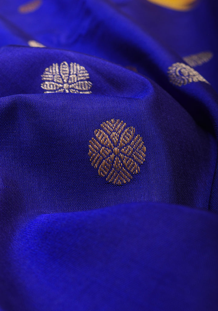 Grand Royal Blue Korvai  Gadwal Silk Saree with Zari buttas and Contrast 10.5" Yellow Zari Border  | SILK MARK CERTIFIED | SHOBITAM