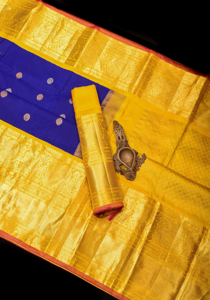 Grand Royal Blue Korvai  Gadwal Silk Saree with Zari buttas and Contrast 10.5" Yellow Zari Border  | SILK MARK CERTIFIED | SHOBITAM