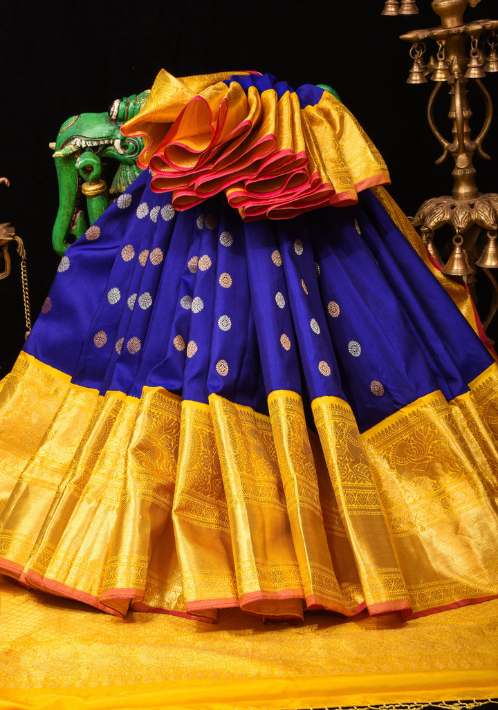 Grand Royal Blue Korvai  Gadwal Silk Saree with Zari buttas and Contrast 10.5" Yellow Zari Border  | SILK MARK CERTIFIED | SHOBITAM