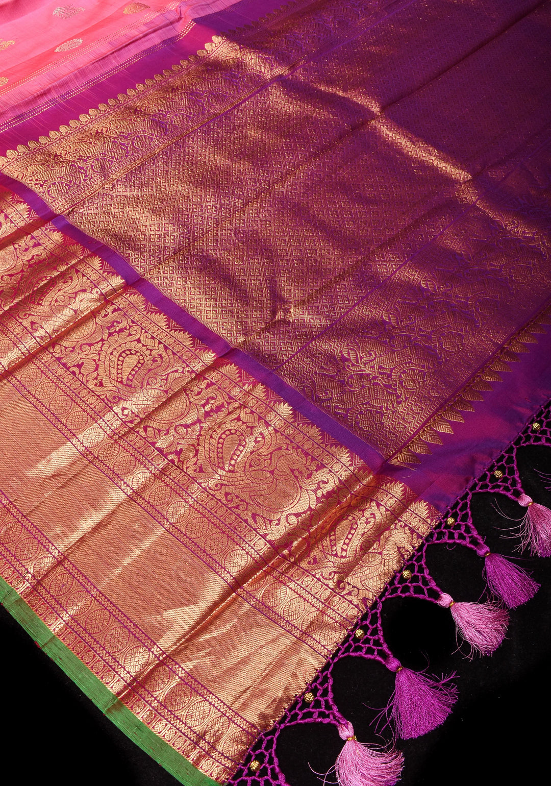 Pink Gadwal Silk Saree with Sona Rupa Zari buttas and 11' Purple Wide Zari Border  | SILK MARK CERTIFIED