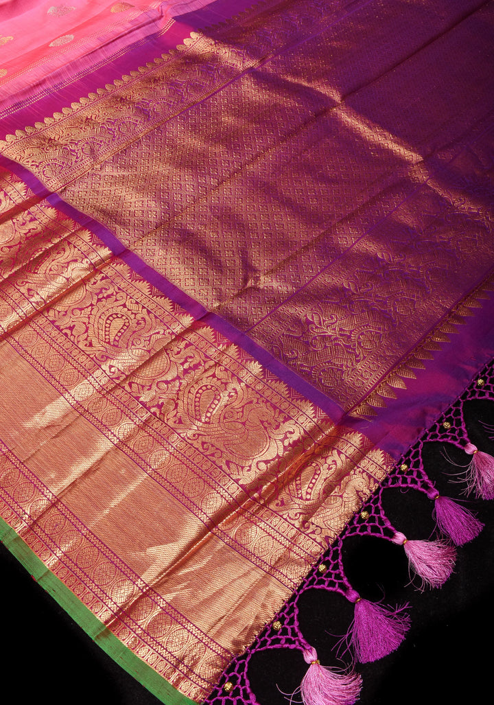 Pink Gadwal Silk Saree with Sona Rupa Zari buttas and 11' Purple Wide Zari Border  | SILK MARK CERTIFIED