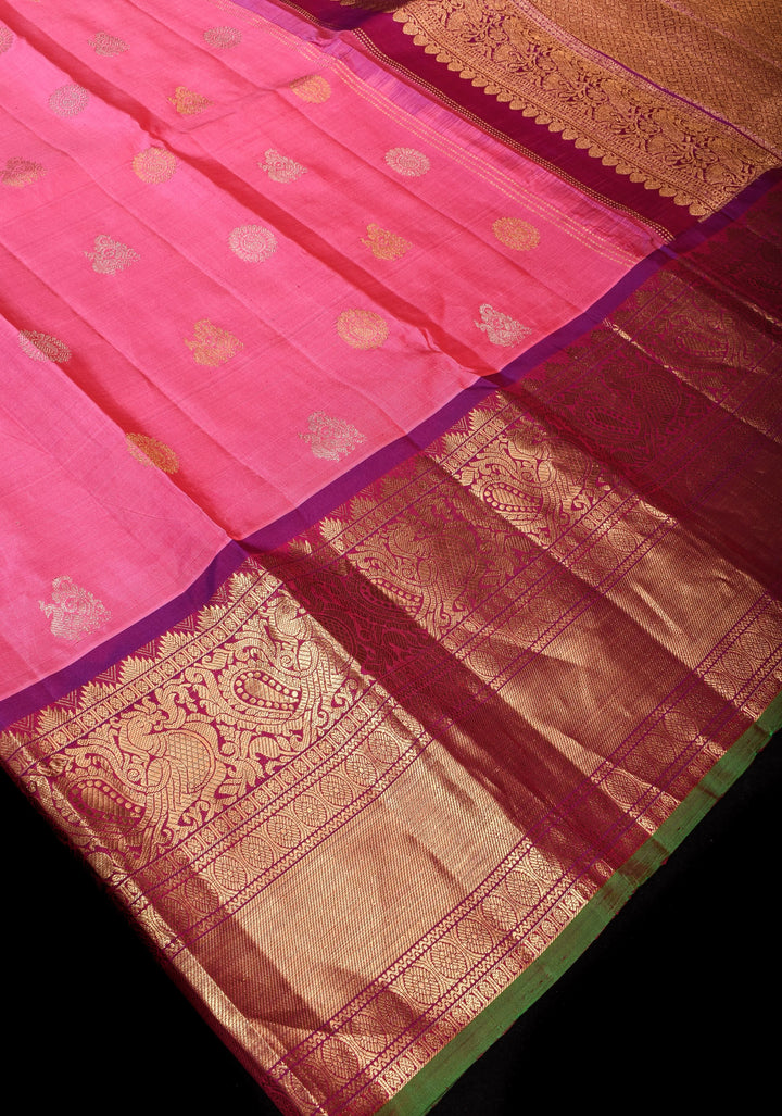 Pink Gadwal Silk Saree with Sona Rupa Zari buttas and 11' Purple Wide Zari Border  | SILK MARK CERTIFIED