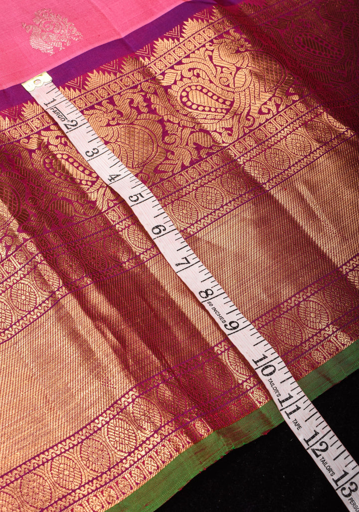 Pink Gadwal Silk Saree with Sona Rupa Zari buttas and 11' Purple Wide Zari Border  | SILK MARK CERTIFIED