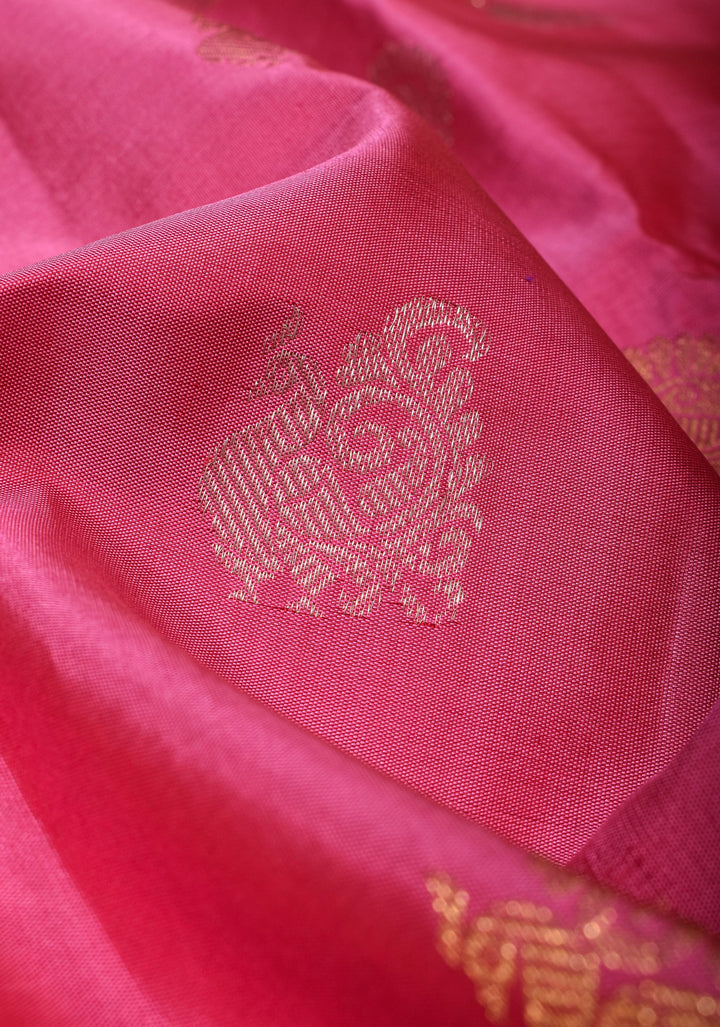 Pink Gadwal Silk Saree with Sona Rupa Zari buttas and 11' Purple Wide Zari Border  | SILK MARK CERTIFIED
