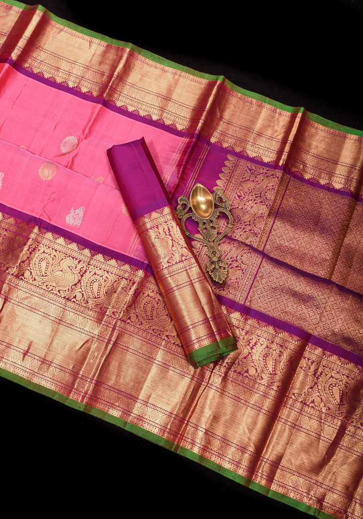 Pink Gadwal Silk Saree with Sona Rupa Zari buttas and 11' Purple Wide Zari Border  | SILK MARK CERTIFIED